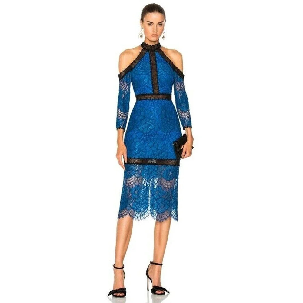 NWT Alexis Lace cold shoulder Mock-neck Marlowe Midi Dress Sz L Blue Runs Small